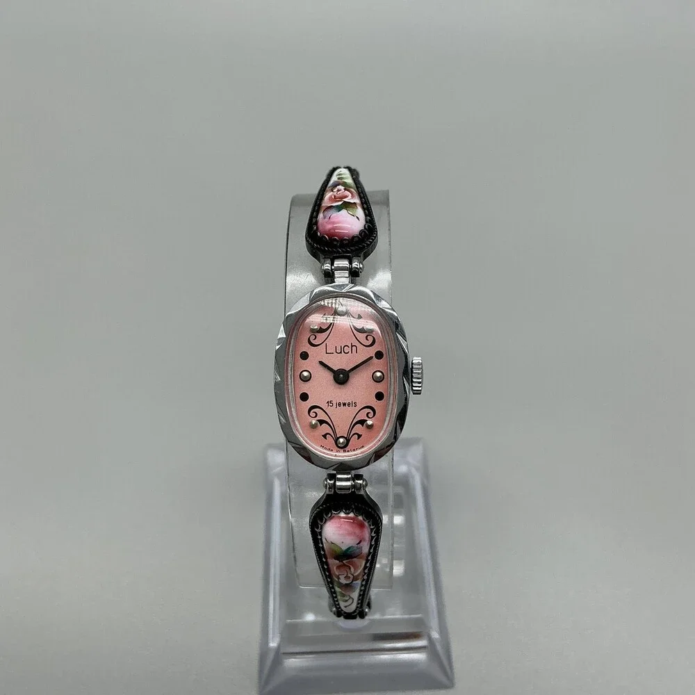 Vintage Luch Womens Watch 17mm Pink Dial Floral Enamel 15 Jewels Manual 6.75